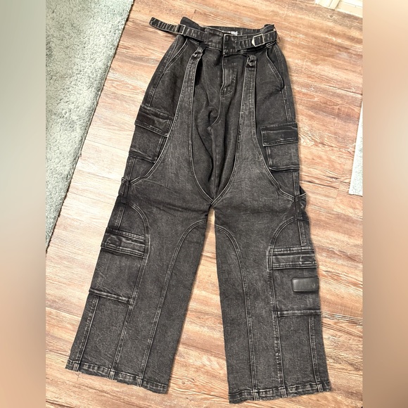 Darker wavs Cargo Grey grunge wash baggy wide leg pants RARE